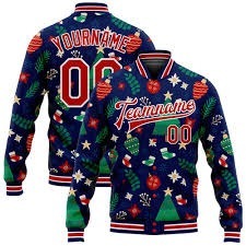 Vente en gros directe de l'industrie, veste bomber décontractée d'hiver personnalisée, verte et dorée, avec des rennes de Noël en 3D, fermeture à boutons pression intégrale, style varsity - Product Image 6