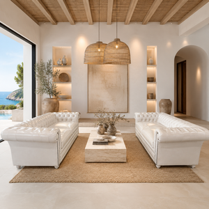 Canapé Chesterfield en cuir véritable blanc 3 places, design moderne du milieu du siècle, pieds en bois, fabriqué à la main, pour hôtel et villa - Product Image 1