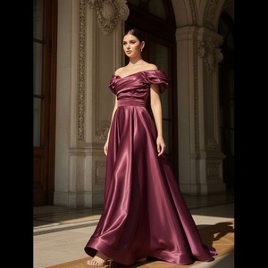 Elegante Vestido de Noche Moderno Color Borgoña, Estilo Sirena, Satinado, con Hombros Descubiertos, Largo y Formal para Mujer, para Fiestas - Product Image 5