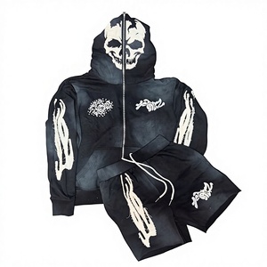 Conjunto de Sudadera con Capucha y Pantalones Cortos de Algodón 100% Transpirable con Cremallera, Estilo Streetwear, Efecto Desgastado por el Sol y Lavado Ácido, Personalizado, para Invierno - Product Image 3