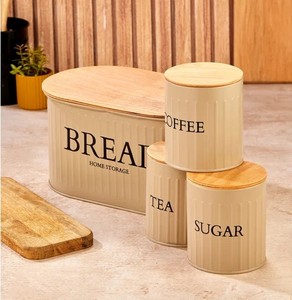 ชุดกล่องขนมปังโลหะสีขาวพร้อมกล่องใส่น้ำตาลชากาแฟแบบสุญญากาศและฝาไม้สำหรับการจัดเก็บในครัวที่สดใหม่และเป็นระเบียบ - Product Image 5