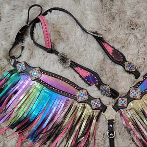 Luxe personnalisé Premium Western Horse Headstall Collier de poitrine fait à la main en cuir équestre avec des franges multicolores Logo personnalisé - Product Image 1