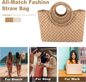 กระเป๋าโท้ทฟางสำหรับผู้หญิง, กระเป๋าสะพายไหล่สไตล์โบฮีเมียนความจุขนาดใหญ่กระเป๋าชายหาดพร้อมซับใน - Product Image 5