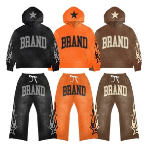 Men Women <b>Cropped</b> Tracksuit Boxy Fit Heavy Cotton Fleece Hoodie High Waist <b>Joggers</b> Set Casual Streetwear Outfit - Product Image 1