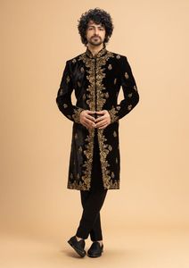 Elegant Golden-Zari Embroidery on Groom <b>Black</b> Sherwani <b>Pant</b> Silk Wedding Suit with Crystal Glass Beads and Dabka <b>Work</b> for 2024 - Product Image 2