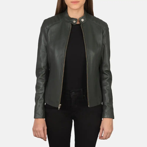 Chaqueta de moto de cuero genuino de vaca para mujer, cuello alto, manga larga, cierre de cremallera, color sólido, para otoño - Product Image 2