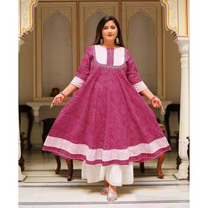 Rosa estampado floral Anarkali Kurti conjuntos de mujer - Product Image 1