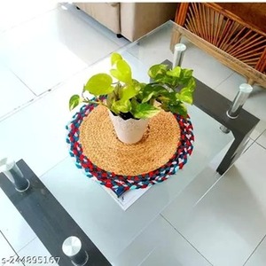 Modern <b>Braided</b> <b>Machine</b> Made Customizable Jute and Chindi Design Round Place Mats Eco-Friendly Floral Pattern for Home Use - Product Image 2