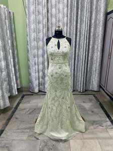 Elegant Sleeveless <b>Floor</b>-Length Evening Gown Beaded Sequin Hand Embroidered Beautiful <b>Boat</b> Shaped Floral Pattern Sexy for Proms - Product Image 2