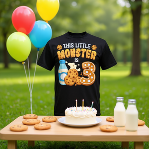 T-shirt per il terzo compleanno di un ragazzo/una ragazza con stampa 'Milk and Cookies', abbigliamento promozionale per il terzo compleanno di un piccolo mostro - Product Image 3