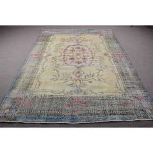 Alfombra Turca, Alfombra Grande de 6,8x9,5 pies, Alfombra de Lana Azul y Amarilla - Product Image 1