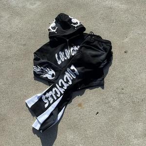 Conjuntos de dos piezas personalizados apliques desgastados logotipo bordado pantalones de chándal joggers chándal acampanado unisex lavado ácido jogging trajes hombres - Product Image 5