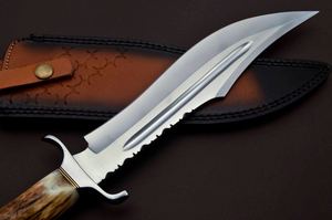 Couteau de survie Bowie personnalisé de haute qualité |   Lame Courbée Manche en Bois de Cerf Arête Dentée avec Étui en Cuir - Product Image 2