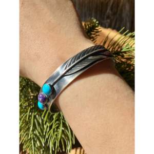 Tony Yazzie Fashion <b>Cuff</b> Bracelet Multi-Stone & Sterling Silver <b>Feather</b> Design - Product Image 2