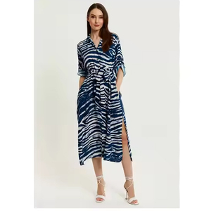 Vestido Midi de gasa azul marino para mujer de alta calidad con estampado de cebra nueva moda de manga corta informal para fiestas de Primavera al mejor precio - Product Image 1