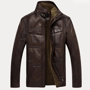 Veste chaude imperméable en cuir véritable à manches longues pour hommes avec fermeture éclair doublée de col montant et longueur régulière - Product Image 4