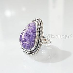 Bague pour femme en charoïte naturelle, pierre de naissance authentique, bague bohème de Noël, bijoux faits à la main, bague en argent sterling 925 - Product Image 1