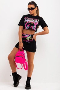 Algodón/Material de fibra de bambú Color negro Puff impreso media manga corta Crop Top camisetas para mujeres transpirable de talla grande - Product Image 2