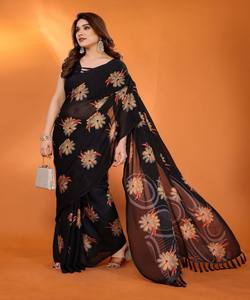 ÚLTIMO SAREE IMPRESO DE SEDA CON ZARI TRABAJO SAREE CON BLUSA SIN COSTAR DESPIECE FESTIVA PRECIO AL POR MAYOR ROPA ÉTNICA NEGRO - Product Image 1