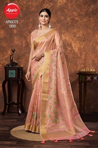 Saree en lin de créateur abricot léger élégant et élégant, parfait pour les fêtes et les mariages - Product Image 3