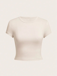 Camiseta Básica de Mujer de Color Sólido con Cuello Redondo, Paquete de 4, Verano, Casual, Minimalista, con Botones, Antiencogimiento, Tejido Jersey, Manga Corta, Ajustada - Product Image 3