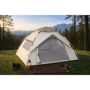 Tente de camping pour 2 personnes, couleur blanc cassé, revêtement argenté, avec deux portes, deux fenêtres, poteaux en aluminium et fibre de verre, 200 x 150 x 130 cm - Product Image 3