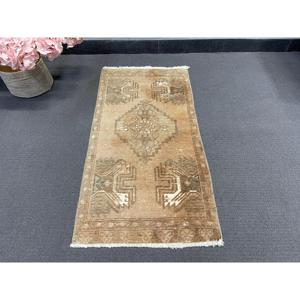 Vintage Small Rug 1.6x3.2 ft (49x97 cm), Turkish <b>Brown</b> Oriental <b>Wool</b> Rug - Product Image 3
