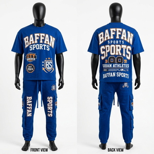 เสื้อยืดเจอร์ซีย์ผ้าฝ้ายพรีเมียม 180 GSM และกางเกงจ็อกเกอร์คาร์โก้ สีน้ำเงิน พิมพ์โลโก้พัฟพริ้นท์ ชุดเซ็ต 2 ชิ้น สำหรับผู้ชาย - Product Image 2
