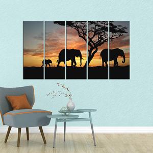 Arte en lienzo con silueta de elefante: impresión de puesta de sol africana, JUEGO DE 5 LIESENSES - Product Image 1