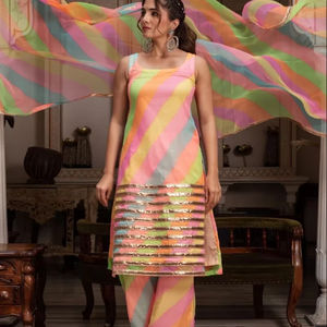 Gulabi Galiyan Radha Multicolor Casual <b>Dress</b> Set Teenagers Cotton Chiffon Leheriya Georgette Natural Waistline Hollow - Product Image 1