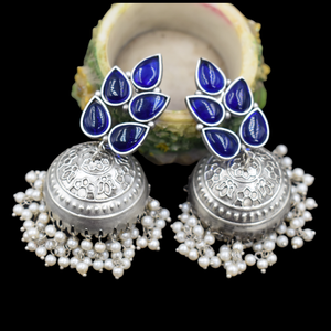 Look lourd Jhumka boucle d'oreille perles de pierre bleue faites à la main kundan jhumka boucles d'oreilles argent se ressemblent boucle d'oreille en laiton bijoux indiens - Product Image 2