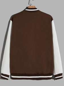 Chaqueta Universitaria para Hombre, Color Marrón Sólido, 100% Lana, Manga de Cuero, Cuello Alto, Botones, Chaquetas Varsity para Hombre, Venta al Por Mayor - Product Image 6