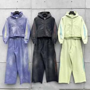 Ropa de calle personalizada, chándales de gran tamaño Unisex con cremallera, chándales desgastados con lavado ácido, conjunto de pantalones de chándal y Sudadera con capucha - Product Image 1