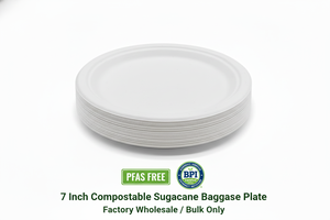 Assiettes rondes biodégradables en bagasse de 9 pouces avec plateau, certifiées BPI, sans PFAS, compatibles micro-ondes, vente en gros pour plats à emporter - Product Image 5