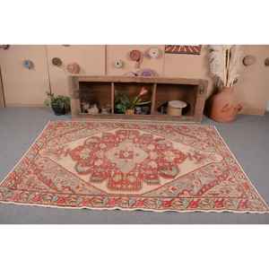 Alfombra turca Vintage de 5x7 pies, rojo, Beige, área grande, diseño de retazos de lana, respaldo de látex para pasillo, dormitorio, modelo de habitación, Alfombra de noche - Product Image 4