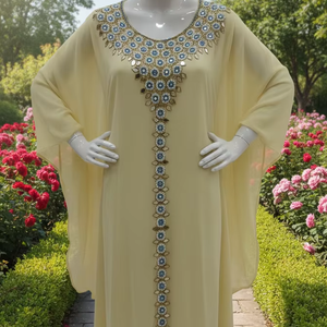 ชุดเดรสคาฟตันผ้าซิตรอนจอร์เจตต์ประดับตกแต่งด้วยมืออย่างประณีต พร้อมรายละเอียดกระจกเงา ดีไซน์หรูหรา ยาวกรอมพื้น แขนยาว เนื้อผ้าบางเบา ระบายอากาศได้ดี - Product Image 2