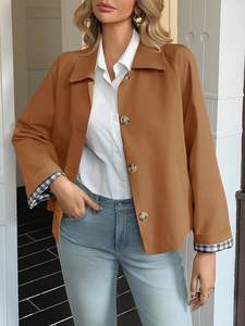 <b>Womens</b> Cropped Trench <b>Coat</b> <b>Lightweight</b> Single Breasted Windbreaker Fall Spring Fashion Outerwear - Product Image 3