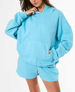 Ensembles de luxe deux pièces pour femmes personnalisé couleur unie court et sweat à capuche 2 pièces vêtements vierges en gros - Product Image 1