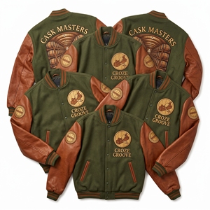 Blouson universitaire en laine vert olive avec broderie Cask Masters Croze Groove et manches en cuir marron rouille – Vente en gros - Product Image 1