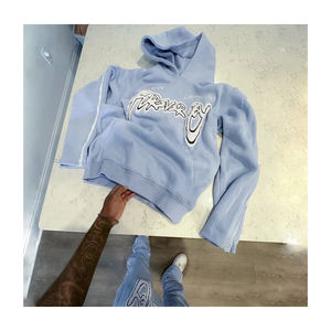 Conjuntos de dos piezas de invierno personalizados para hombre, Sudadera con capucha y borde de dobladillo crudo cortado con estampado de algodón, pantalón acampanado, chándal con logotipo apilado - Product Image 5