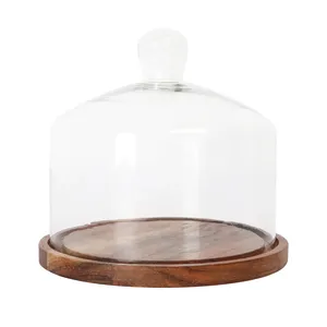Premium Home & Decoration Factory Custom Round Acacia Wood <b>Cake</b> <b>Stand</b> with High Glass Dome Metal Manufacturer Wholesaler - Product Image 1