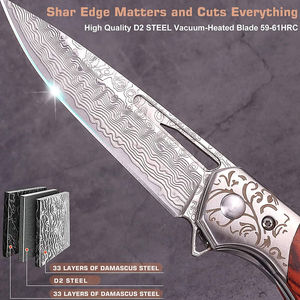 Couteau pliant tactique en acier Damas de qualité industrielle, fabriqué sur mesure, avec gaine en cuir et verrouillage arrière - Garantie de 3 ans - Product Image 2