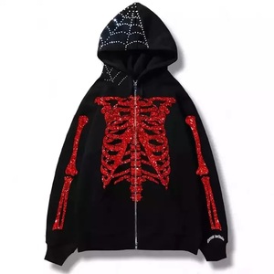 Drop Shipping Streetwear Custom Rhinestone <b>Men</b> Oversized Heavyweight Full Zip up Hoodie - Product Image 2