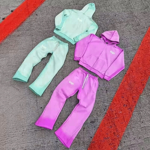 Men's High Quality Casual Street Wear Thick Sun Faded Washed Hoodie and Baggy Flare <b>Pants</b> Set Fleece Tracksuit for Winter - Product Image 3