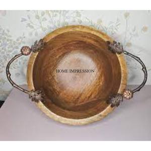 Serveware rústico Forma redonda Personalización disponible Tazón hecho de madera de acacia con diseñador de hojas de metal chapado en oro de alto grado - Product Image 2