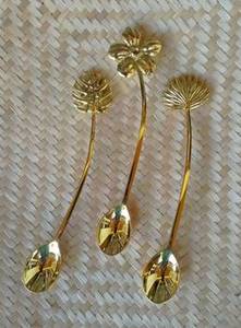 Vintage Design <b>Gold</b> Plated Stainless Steel <b>Spoon</b> Set of 3 Leaf Shape Handles Perfect for Wedding Kitchen Use Direct from India - Product Image 2