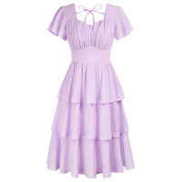 Robe en mousseline à 3 couches pour femmes Robe évasée à volants, manches courtes, col en V carré, ligne A, printemps