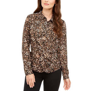 Camicetta Formale Casual da Donna Alfani con Stampa Leopardata e Motivo a Torsione Frontale, Nera, Taglia S-XL, Realizzata in Tessuto Popeline di Seta - Product Image 1