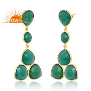 Meilleures boucles d'oreilles pendantes en argent sterling de qualité indienne plaqué or 18 carats avec pierre précieuse onyx vert naturel, fabricant de bijoux demi-fins - Product Image 2
