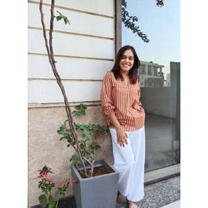 Blusa de Popelina a Rayas Marrón para Mujer, Estilo Simple y Moderno, Manga Tres Cuartos, Decoración con Botones, Talla XL - Product Image 3